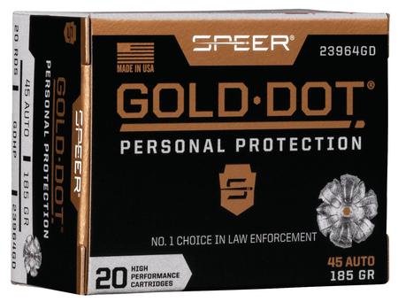 Speer 23964GD Gold Dot Personal Protection 45 ACP 185 gr 1050 fps Hollow Point (HP) 20 Bx/10 Cs