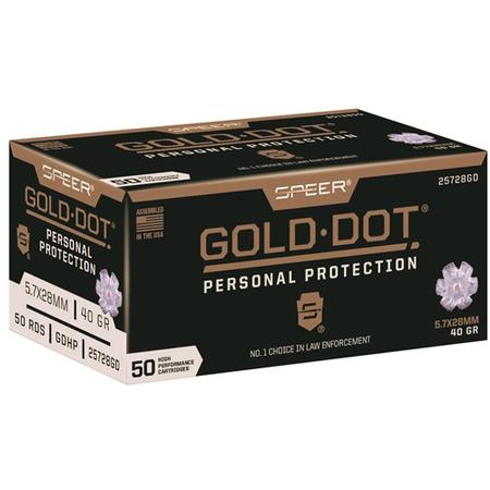 Speer 25728GD Gold Dot Personal Protection 5.7x28mm 40 gr Hollow Point (HP) 50 Per Box/10 Cs