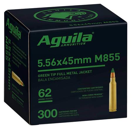 Aguila 1E556125 Green Tip M855 5.56x45mm NATO 62 gr Full Metal Jacket Boat-Tail (FMJBT) 300 Per Box/ 4 Cs
