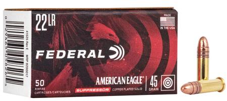 Federal AE22SUP1 American Eagle Suppressor 22 LR 45 gr 970 fps Copper-Plated Round Nose 50 Bx